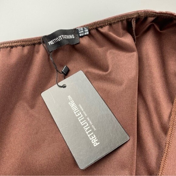 PrettyLittleThing Chocolate Brown High Shine Faux PU Leather Bandeau Size L NWT - Picture 9 of 11